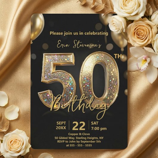 Invitation Glamorous Sparkly Black and Gold 50th Birthday