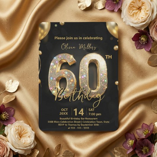Invitation Glamorous Sparkly Black and Gold 60th Birthday