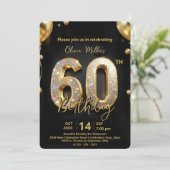 Invitation Glamorous Sparkly Black and Gold 60th Birthday (Debout devant)