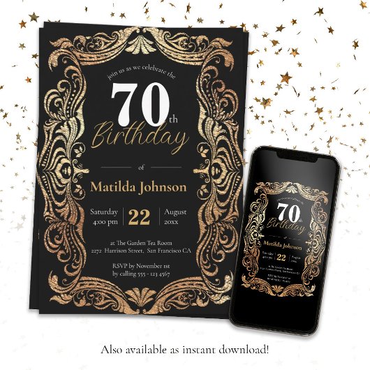 Invitation Glamour 70e anniversaire Gold Black Boho Elégant