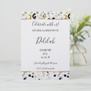 Invitation Glamour Anniversaire Confettis Argent Or Noir