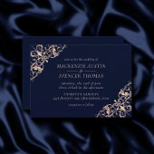 Invitation Glamour Art déco | Mariage or Rose bleu marine