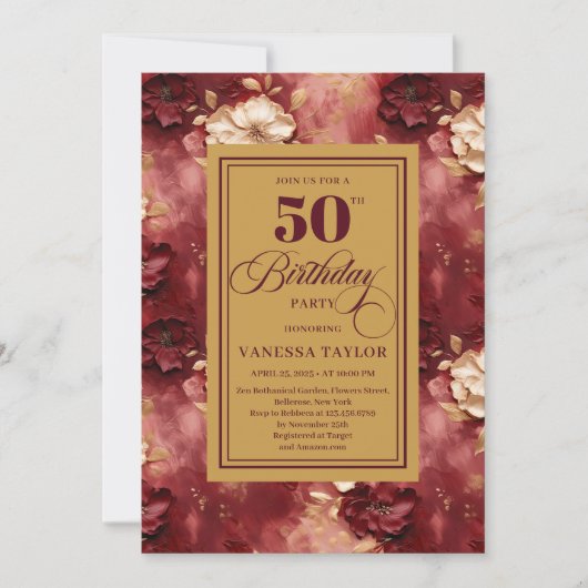 Invitation Glamour bordeaux roux roses 50e anniversaire (Devant)