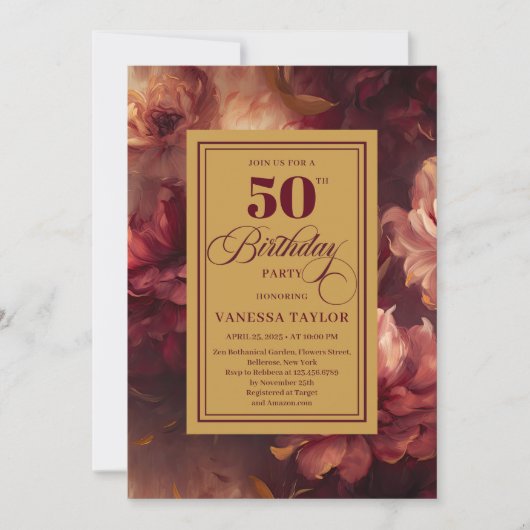 Invitation Glamour bordeaux roux roses 50e anniversaire (Devant)