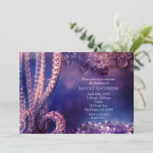 Invitation Glamour Chic Violet Éclatant Perles (Debout devant)