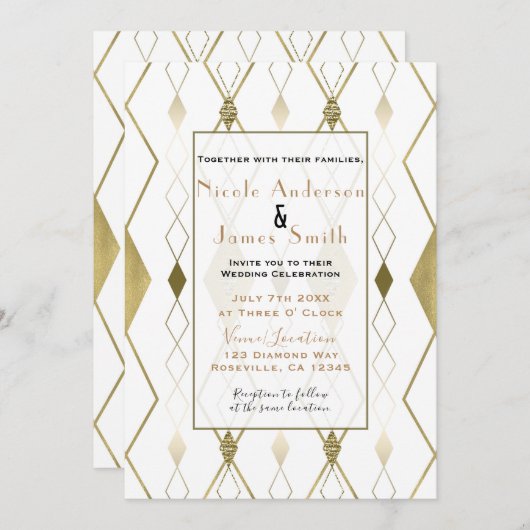 Invitation Glamour Diamant Blanc & Or Mariage Classique Moder (Devant / Derrière)