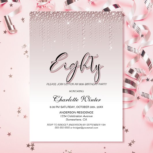 Invitation Glamour Dusty Rose Diamants roses 80e anniversaire