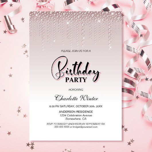 Invitation Glamour Dusty Rose Diamants Roses Anniversaire