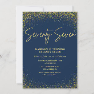 Invitation Glamour Élégant Anniversaire 77 ans Navy Or Paille