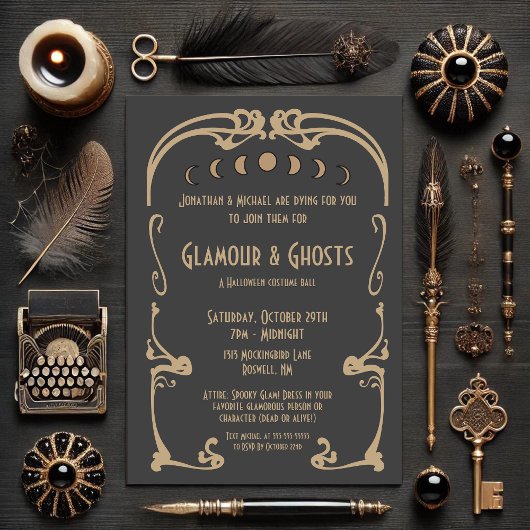 Invitation Glamour & Fantômes Art Déco Or & Noir Halloween