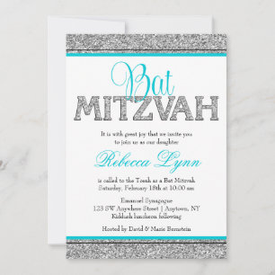 Invitation Glamour Faux Paillettes Argent Bleu sarcelle Bat M