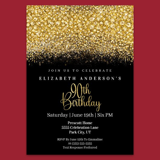 Invitation Glamour Gold Jeweled Glitter 90th Birthday