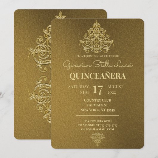 Invitation Glamour Gold Quinceañera (Devant / Derrière)