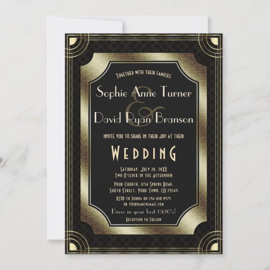 Invitation Glamour Great Gatsby Gold Black Art Déco Mariage (Devant)