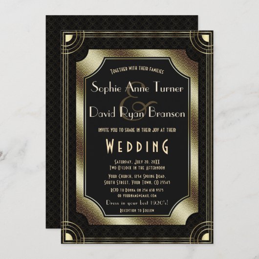 Invitation Glamour Great Gatsby Gold Black Art Déco Mariage (Devant / Derrière)