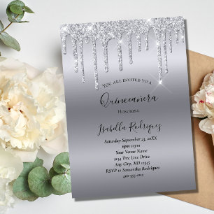 Invitation Glamour Paillettes Argent Qui Tombent Quinceanera