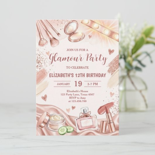 Invitation Glamour Party Glitz Glam Spa Girl Makeup Birthday (Debout devant)