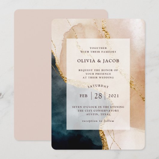 Invitation Glamour peint| Mariage avec Faux Gold (Devant / Derrière)