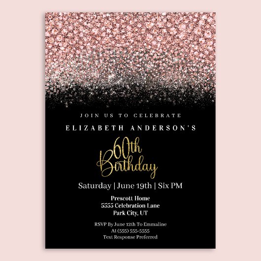 Invitation Glamour Pink Jeweled Glitter 60th Birthday
