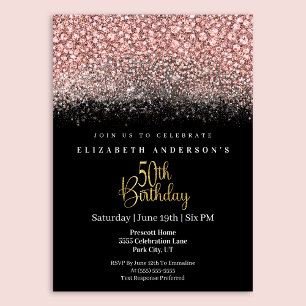 Invitation Glamour Rose Bijou Pailleté 50e Anniversaire