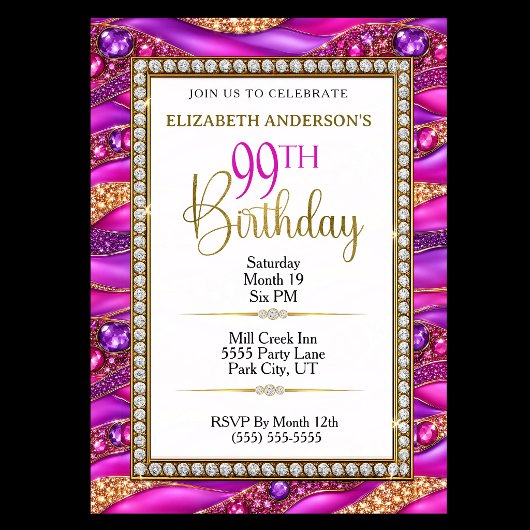 Invitation Glamour Rose Gold Bijou Strata 99e Anniversaire