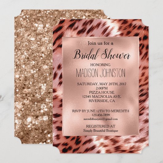 Invitation Glamour Rose Gold Léopard Fête de Mariage (Devant / Derrière)