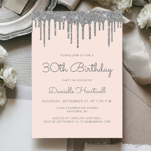 Invitation Glamour Rose Pailleté Argent Goutte à Goutte 30e A