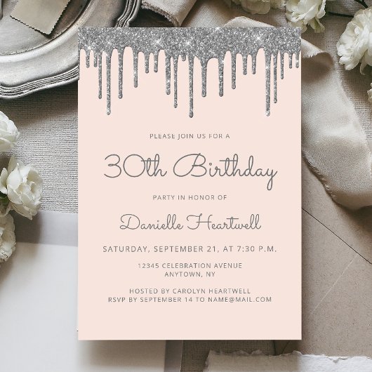 Invitation Glamour Rose Pailleté Argent Goutte à Goutte 30e A
