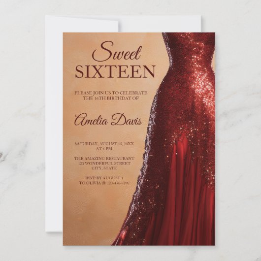 Invitation Glamour Rouge Gown Sweet 16 Anniversaire Invitatio (Devant)
