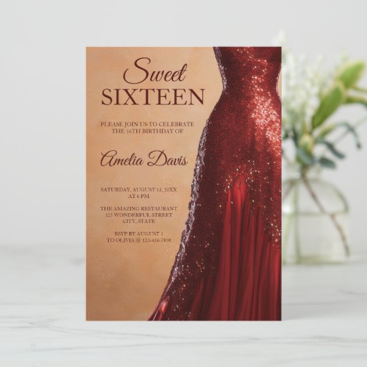 Invitation Glamour Rouge Gown Sweet 16 Anniversaire Invitatio (Debout devant)