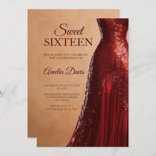 Invitation Glamour Rouge Gown Sweet 16 Anniversaire Invitatio (Devant / Derrière)