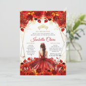 Invitation Glamour Rouge & Or Floral Princesse Quinceanera (Debout devant)