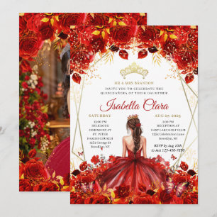 Invitation Glamour Rouge & Or Floral Princesse Quinceanera