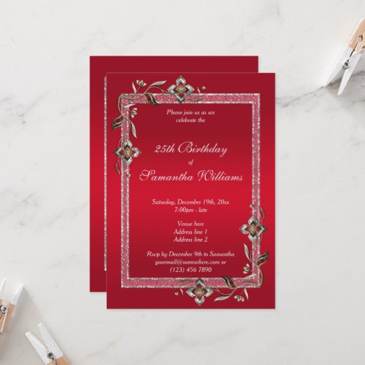 Invitation Glamour Ruby Red Gems & Parties scintillant Annive (Devant/Arrière en situation)