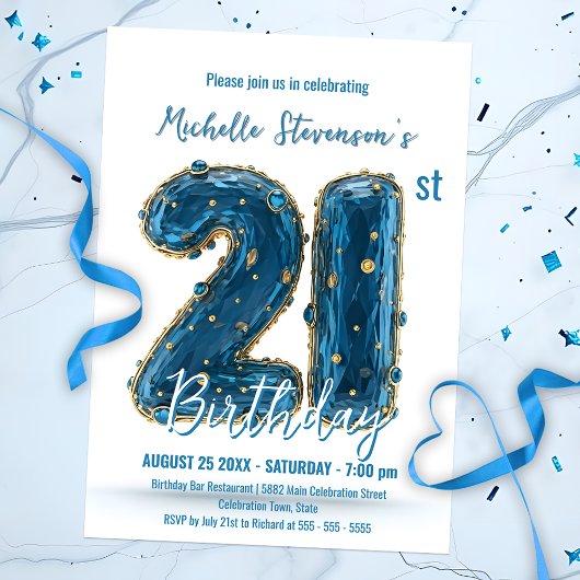 Invitation Glamour Stylish Blue and Gold 21e anniversaire