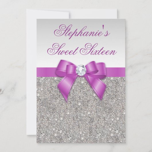 Invitation Glamour sucré 16 Faux Séquins d'argent Bow pourpre (Devant)