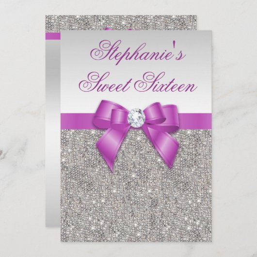 Invitation Glamour sucré 16 Faux Séquins d'argent Bow pourpre (Devant / Derrière)