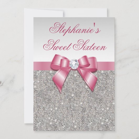 Invitation Glamour sucré 16 Faux Séquins d'argent Bow rose (Devant)