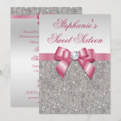 Invitation Glamour sucré 16 Faux Séquins d'argent Bow rose (Devant / Derrière)