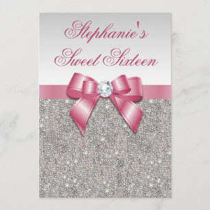 Invitation Glamour sucré 16 Faux Séquins d'argent Bow rose