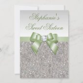 Invitation Glamour sucré 16 Faux Séquins d'argent Bow vert (Devant)