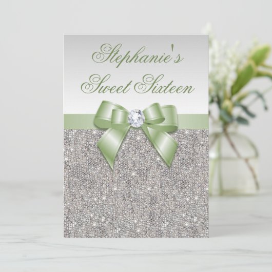 Invitation Glamour sucré 16 Faux Séquins d'argent Bow vert (Debout devant)