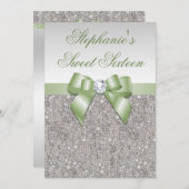 Invitation Glamour sucré 16 Faux Séquins d'argent Bow vert (Devant / Derrière)