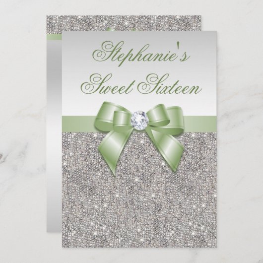 Invitation Glamour sucré 16 Faux Séquins d'argent Bow vert (Devant / Derrière)