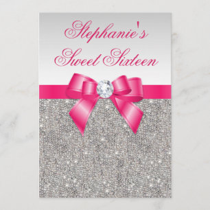 Invitation Glamour sucré 16 Séquins d'argent Chaud rose Bow