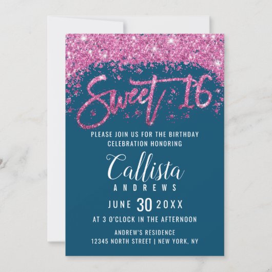 Invitation Glamour Turquoise rose clair Parties scintillant D (Devant)