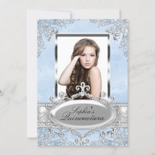 Invitation Glamour Vintage Argent Bleu Photo Quinceanera