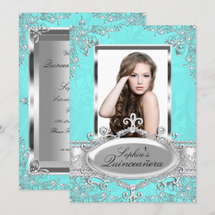 Invitation Glamour Vintage Photo Quinceanera Argent Sarcelle