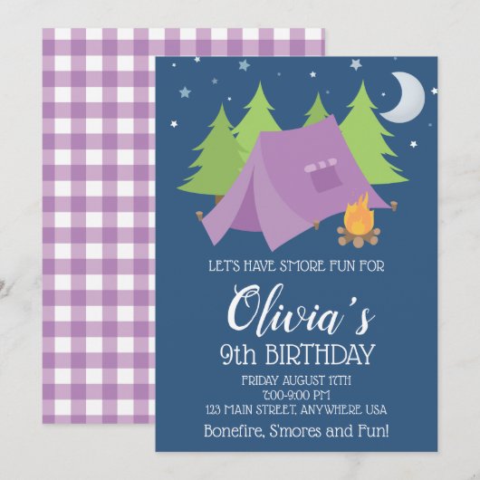 Invitation Glamping Plaid violet Camping Slepover anniversair (Devant / Derrière)
