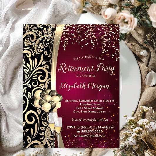 Invitation Glas à perles d'or, talons hauts, Retraite rouge